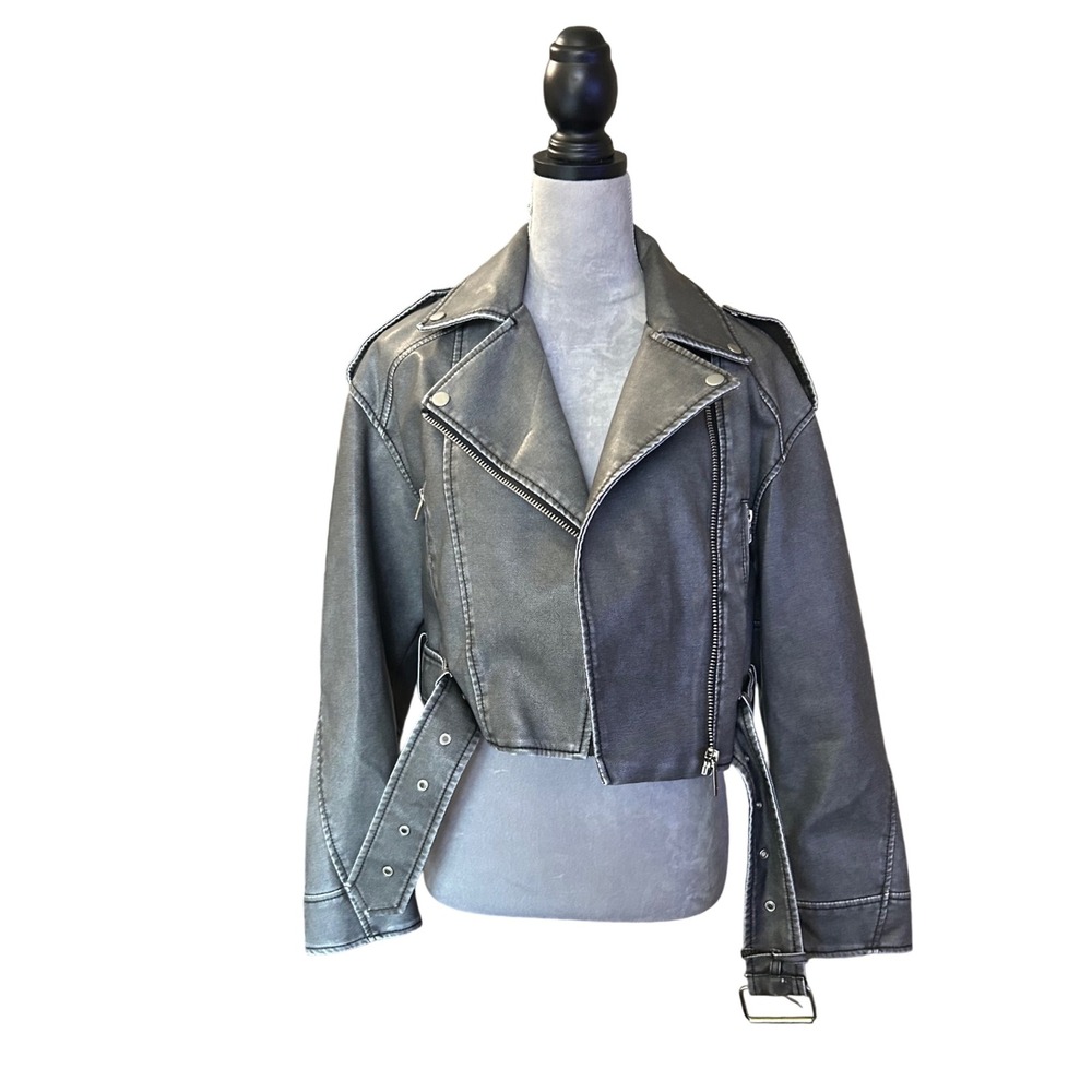 Cropped Motorcycle Jacket Faux Leather Belted Moto Biker Jacket‎ Gray L